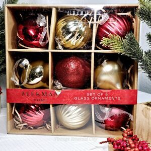 New BEEKMAN Home Glass Tree Ornament BALL s/9 Red & Gold Christmas   Box Set